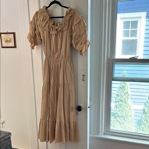 Tan Puff Sleeve Square Neck Midi Dress